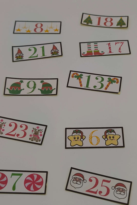 Close-up of colourful advent calendar number labels with festive Christmas designs