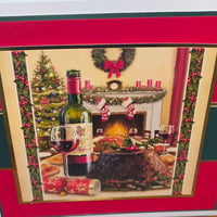 Personalised Christmas Card Festive Fireplace scene with a crackling fire, wine, and holiday decorations.
