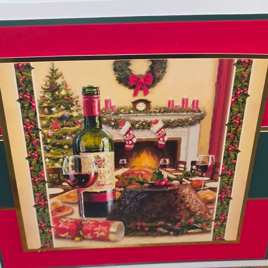 Personalised Christmas Card Festive Fireplace scene with a crackling fire, wine, and holiday decorations.