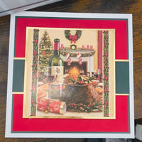Personalised Christmas Card Festive Fireplace scene with wine glasses and decorated Christmas tree.