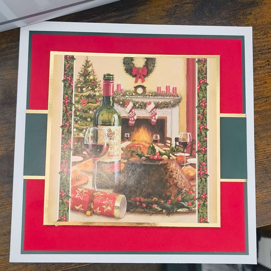 Personalised Christmas Card Festive Fireplace scene with wine glasses and decorated Christmas tree.