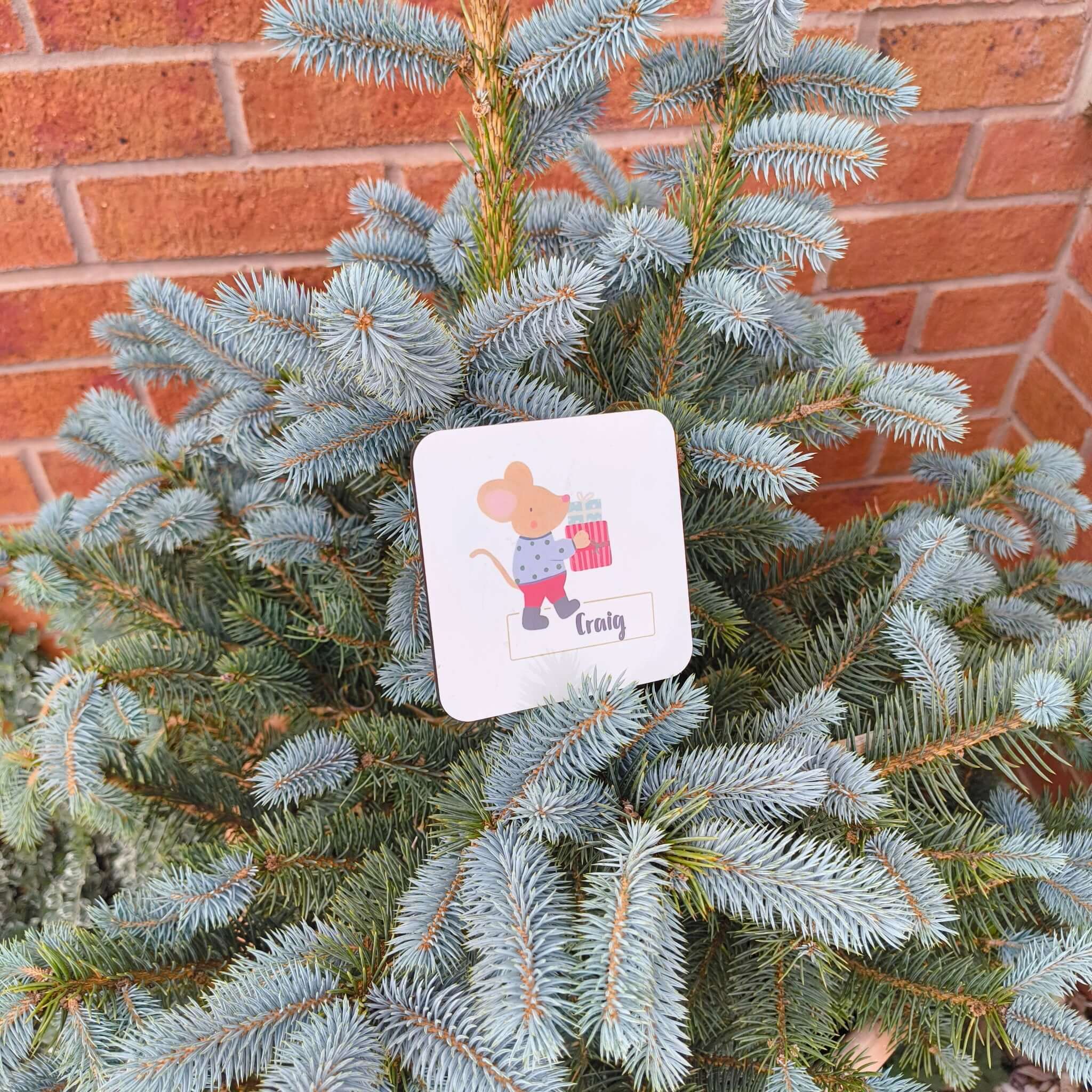 Personalised Christmas mouse coaster with the name Craig, displayed on a Christmas tree branch.