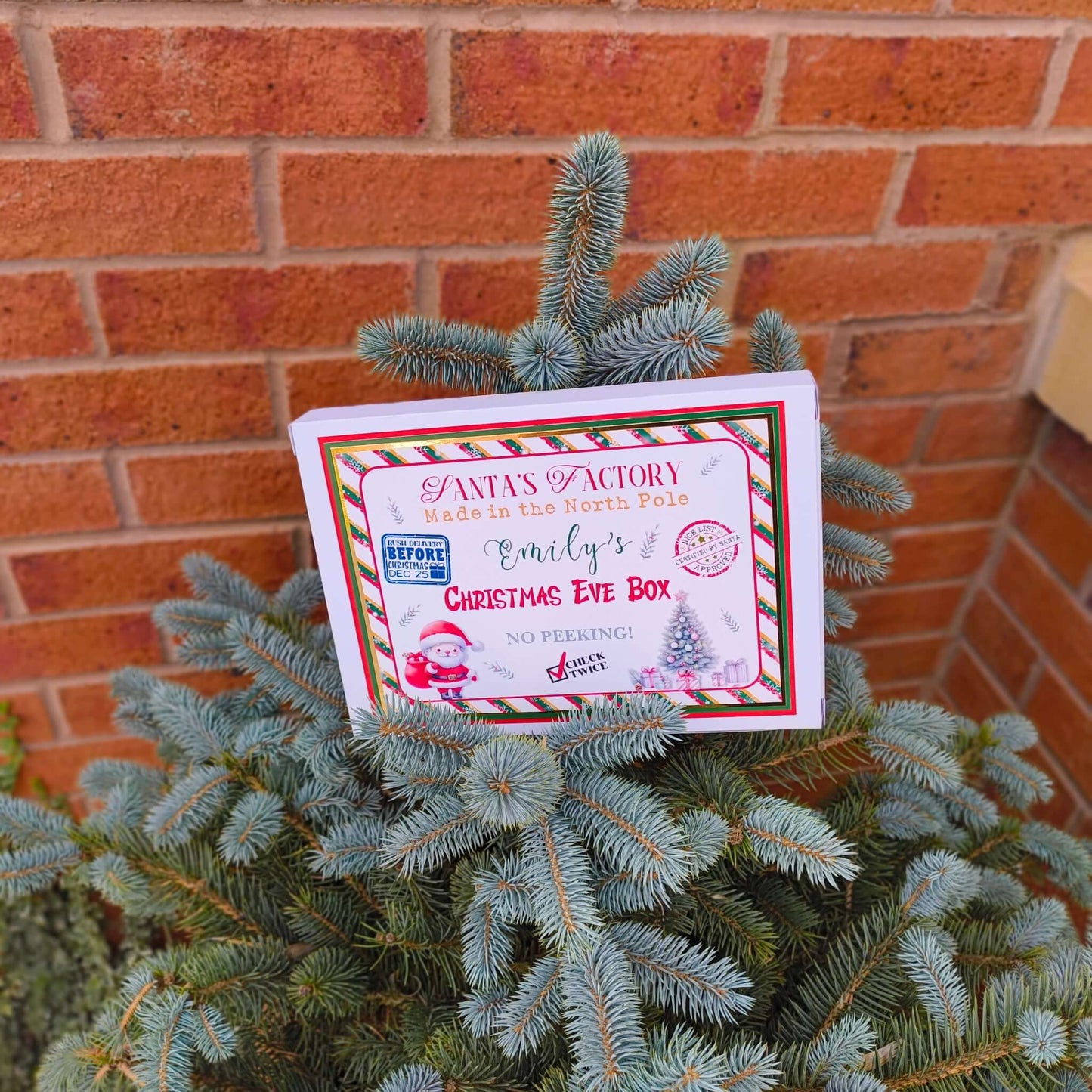 Personalised Christmas Eve box label on evergreen tree, featuring Santa design and playful text.