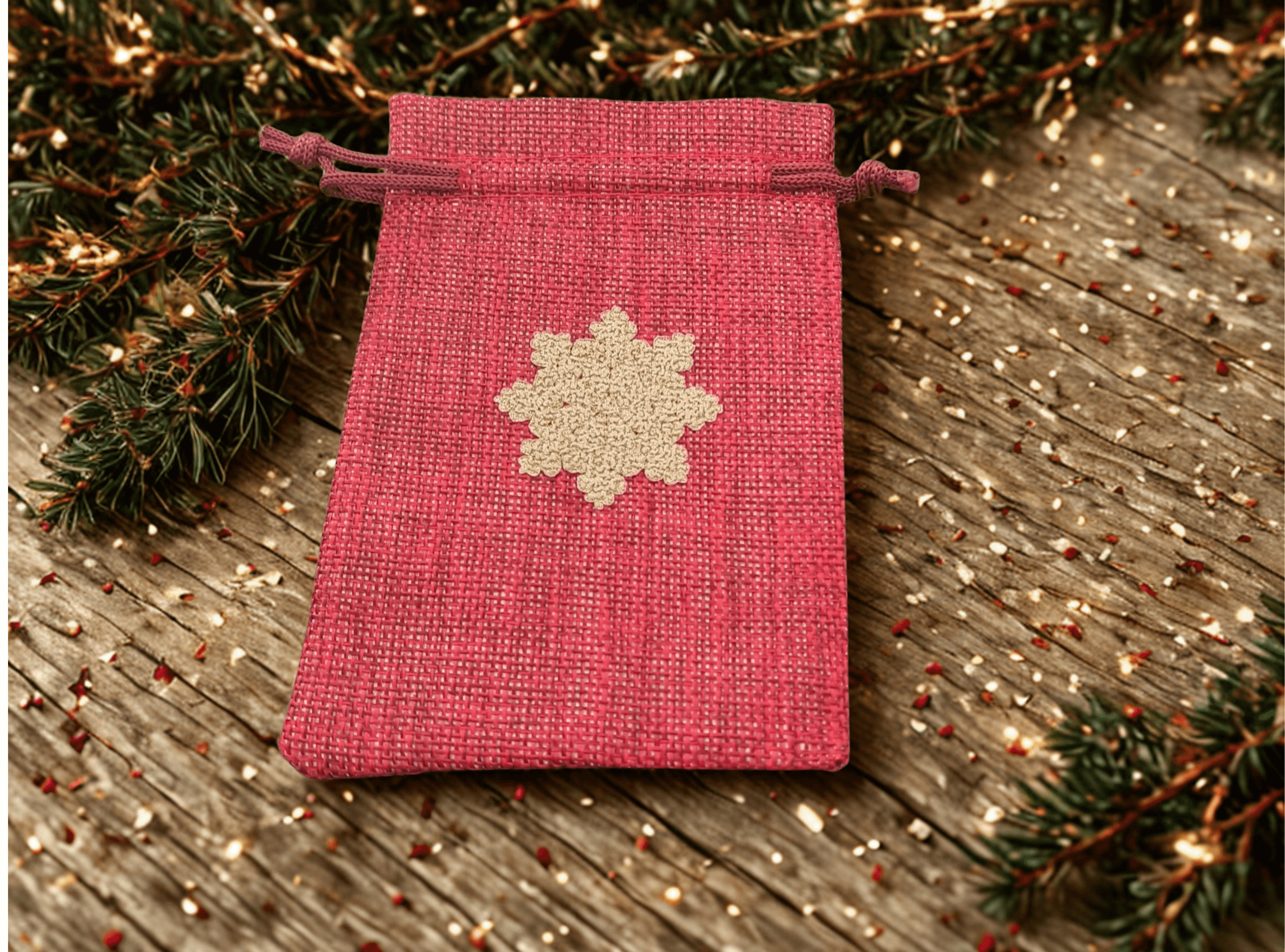Gold snowflake gift bag in red hessian fabric on rustic wood, perfect for Christmas presents.