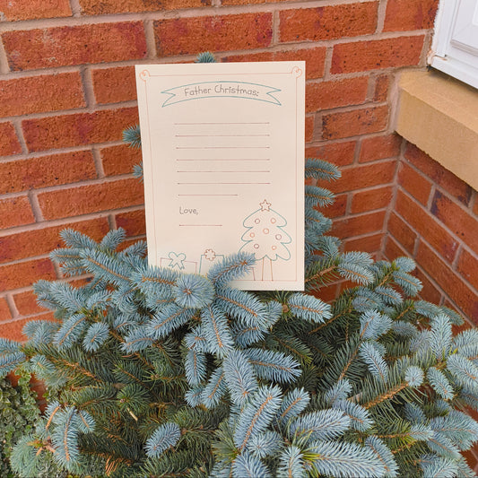 Festive Father Christmas letter sheet photographed outdoors against a brick wall and Christmas tree.