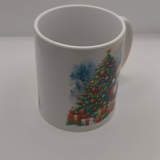 White festive mug with Christmas tree and gift illustration, plain background view