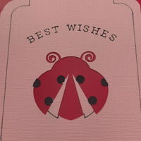 Close-up of a handmade ladybird-themed "Best Wishes" greeting card with pink textured cardstock, red and black accents, and whimsical detail—ideal for birthdays or general well wishes.