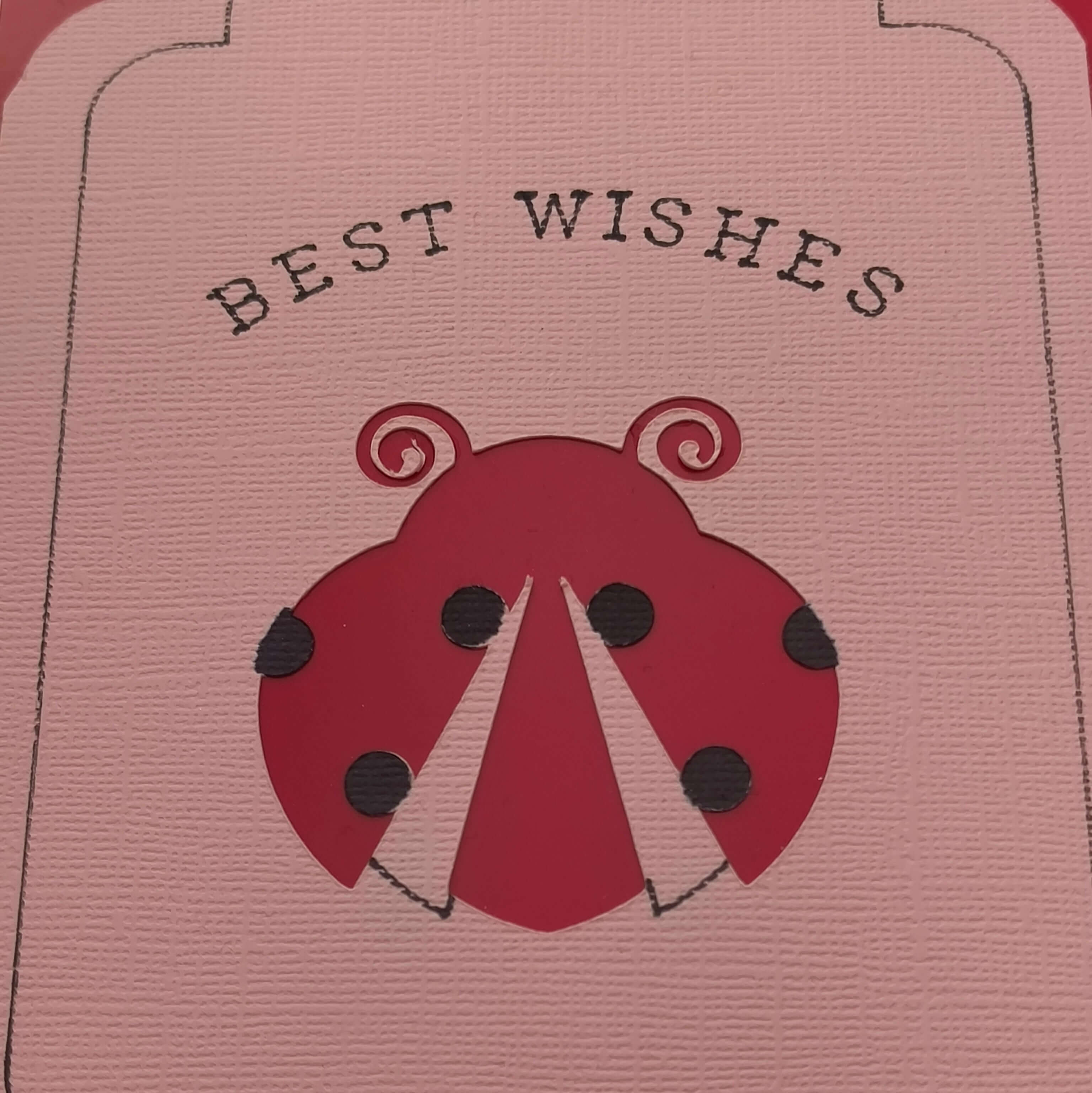 Close-up of a handmade ladybird-themed "Best Wishes" greeting card with pink textured cardstock, red and black accents, and whimsical detail—ideal for birthdays or general well wishes.