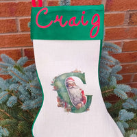 Personalised Vintage Santa Christmas Stocking with name Craig and vintage Santa illustration.