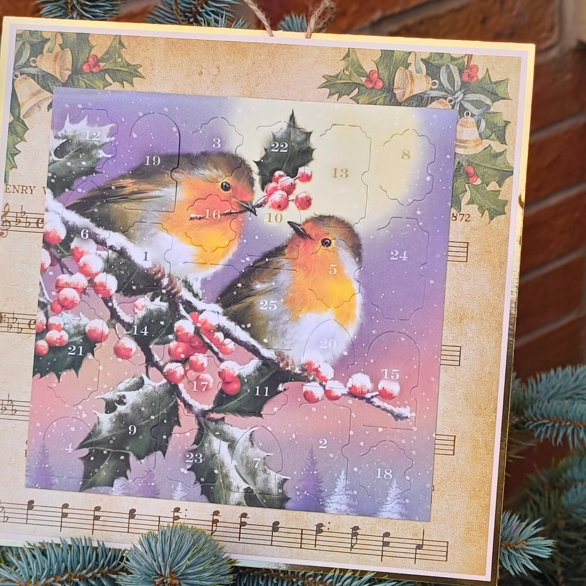 Robin Advent Calendar - Vintage Christmas Countdown with Holly & Berries