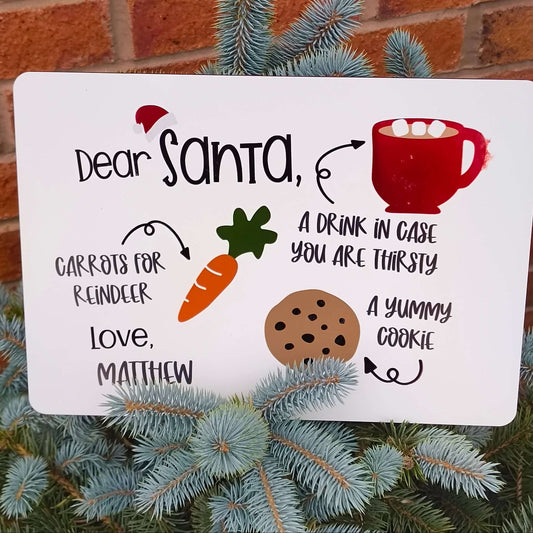 Personalised Santa Treat Board featuring a message for Santa with cookie, drink, and carrots for reindeer.