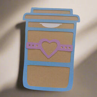 Handmade coffee cup gift card holder with blue frame and pink heart wrap – personalised card for birthdays or special occasions.
