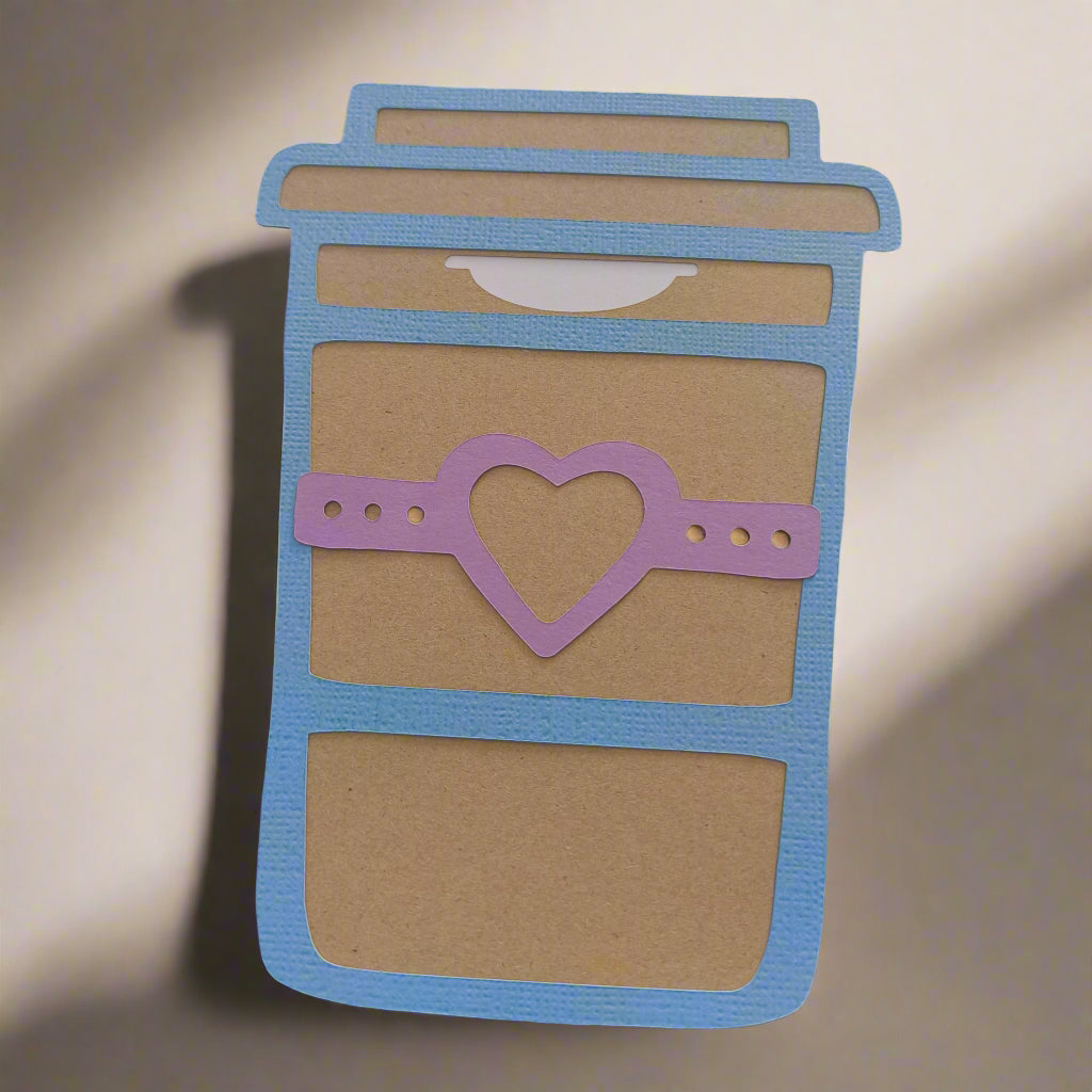 Handmade coffee cup gift card holder with blue frame and pink heart wrap – personalised card for birthdays or special occasions.