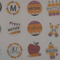 Personalised school name stickers featuring playful designs and the name Matthew in various styles.