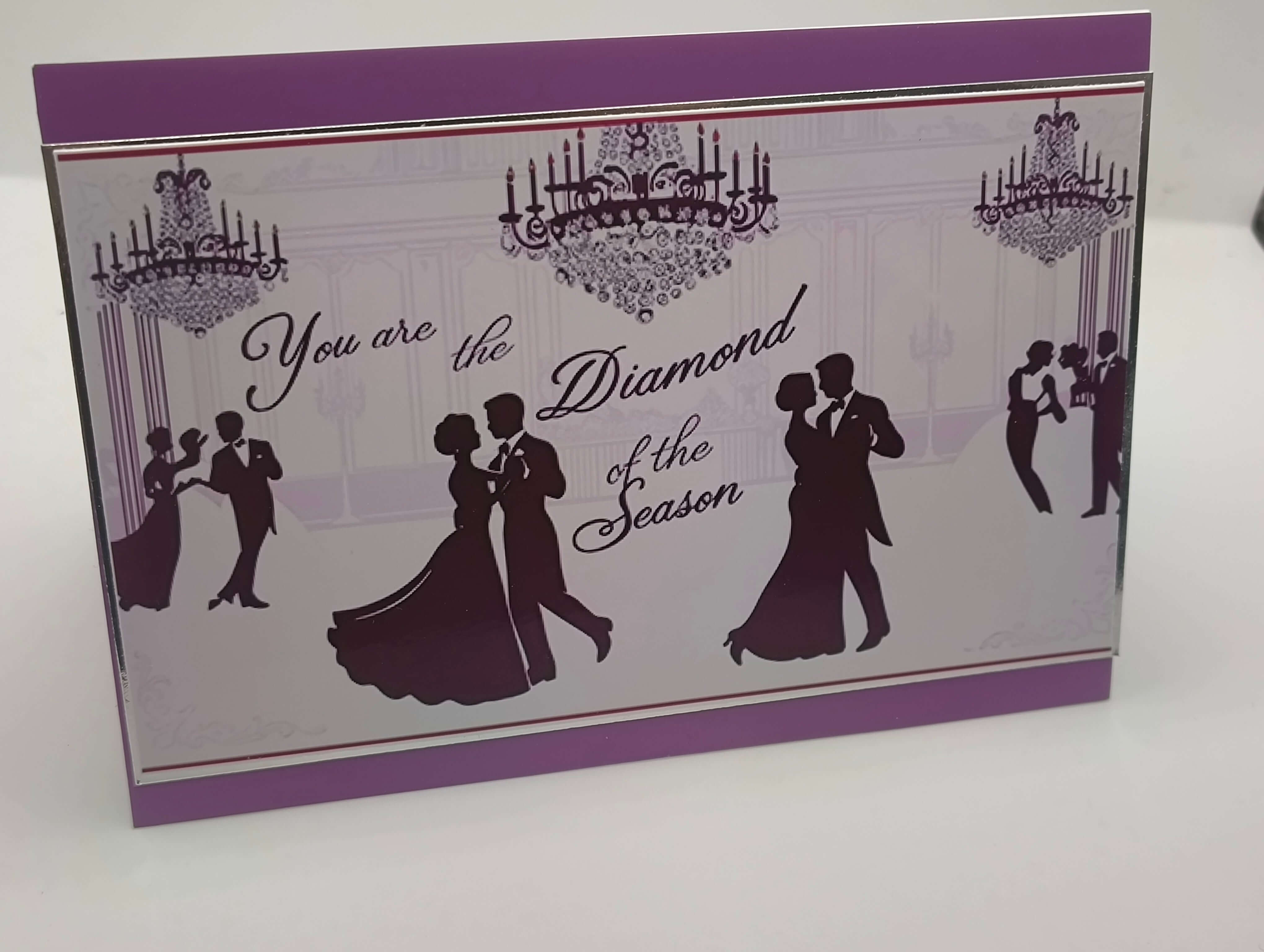 Vintage ballroom dance greeting card featuring silhouettes of couples with text 'You are the Diamond of the Season'.