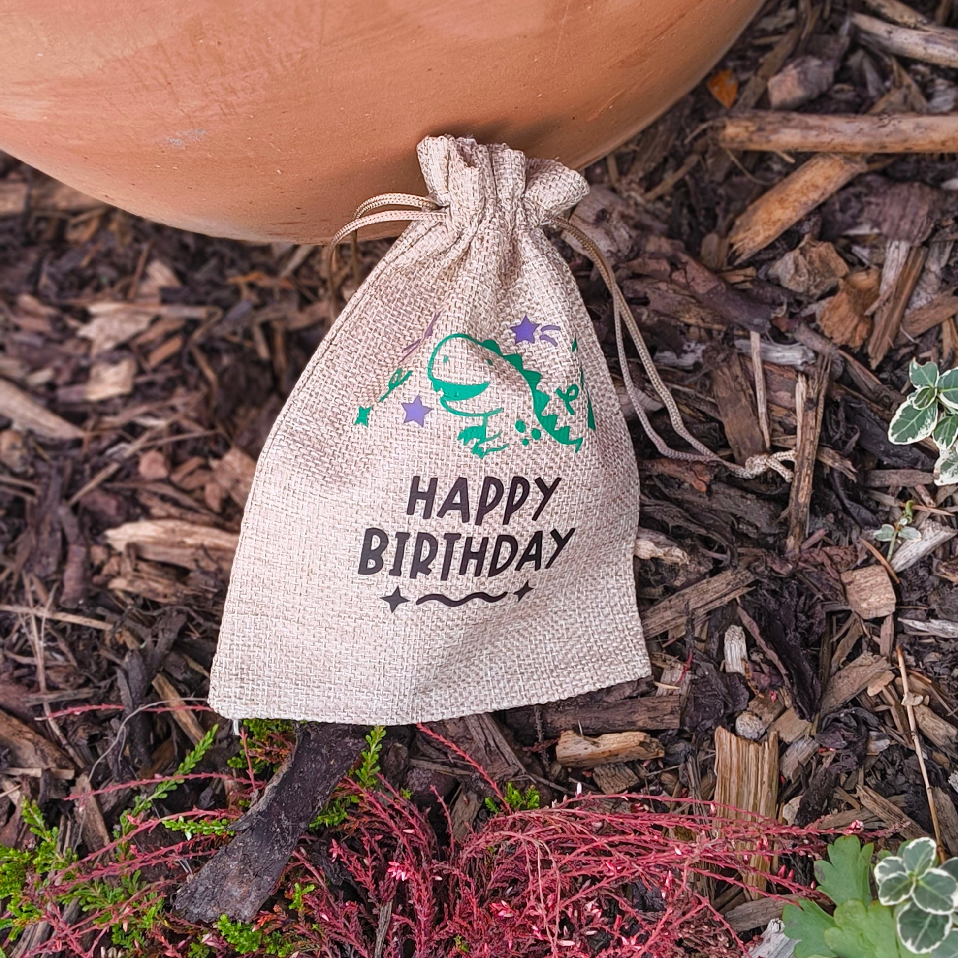 Small hessian birthday gift bag with dinosaur and stars design, Happy Birthday text, displayed outdoors against terracotta pot and wood bark.