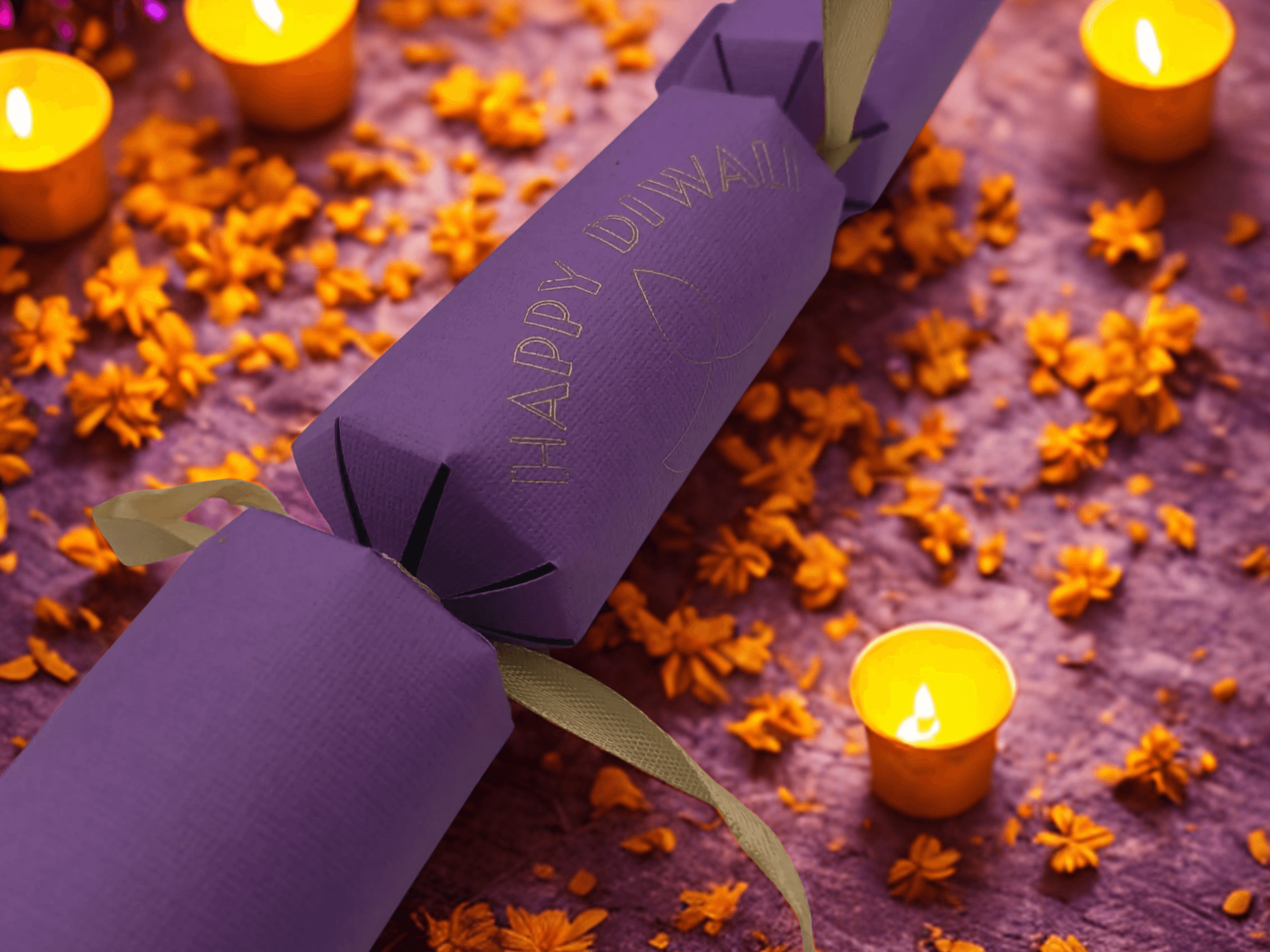 Handmade purple Diwali cracker with gold ribbon, surrounded by glowing tealight candles and marigold petals on a festive background.