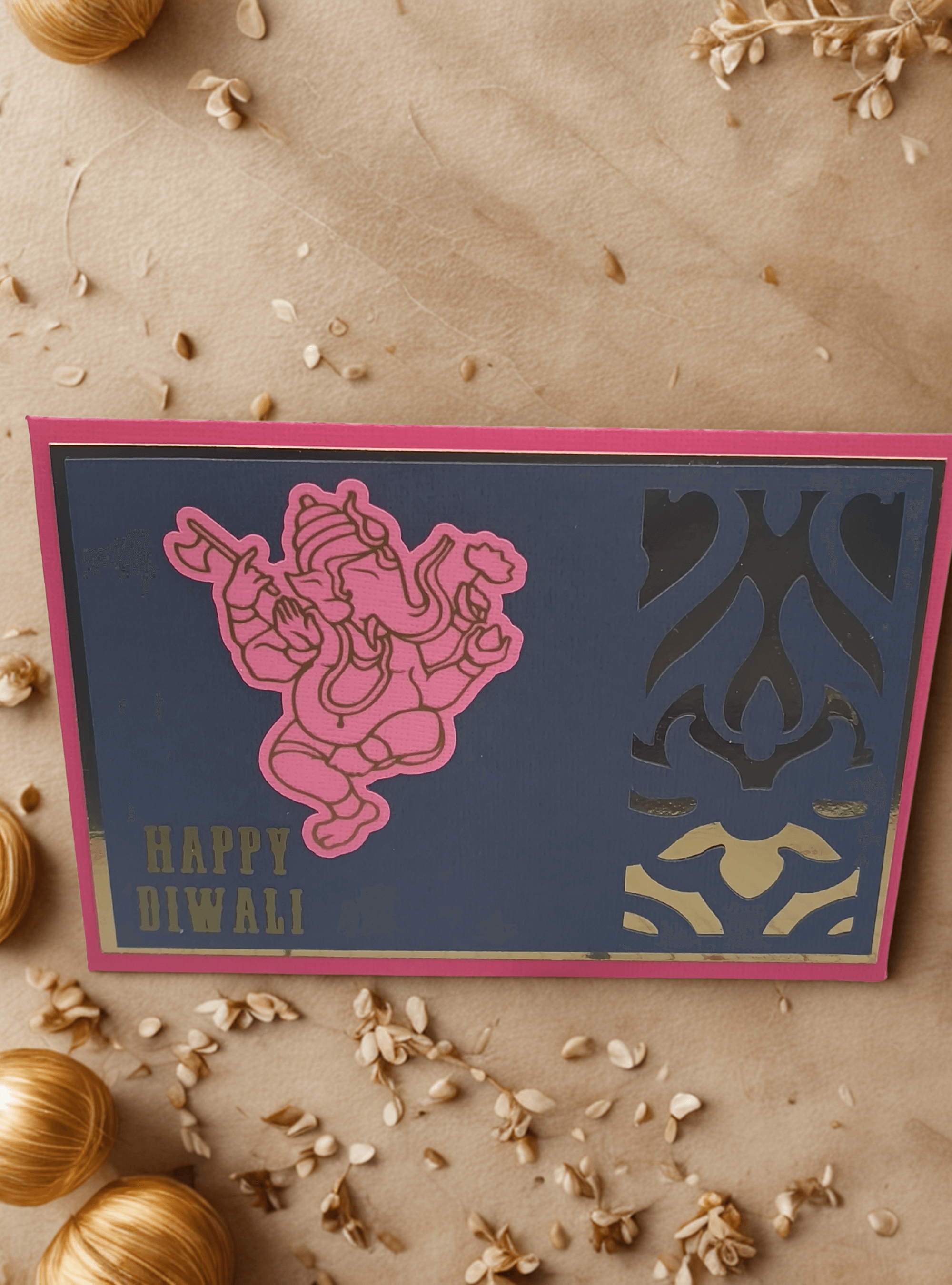 Personalised Diwali envelope featuring Ganesha design in pink and gold, celebrating Diwali with elegance.