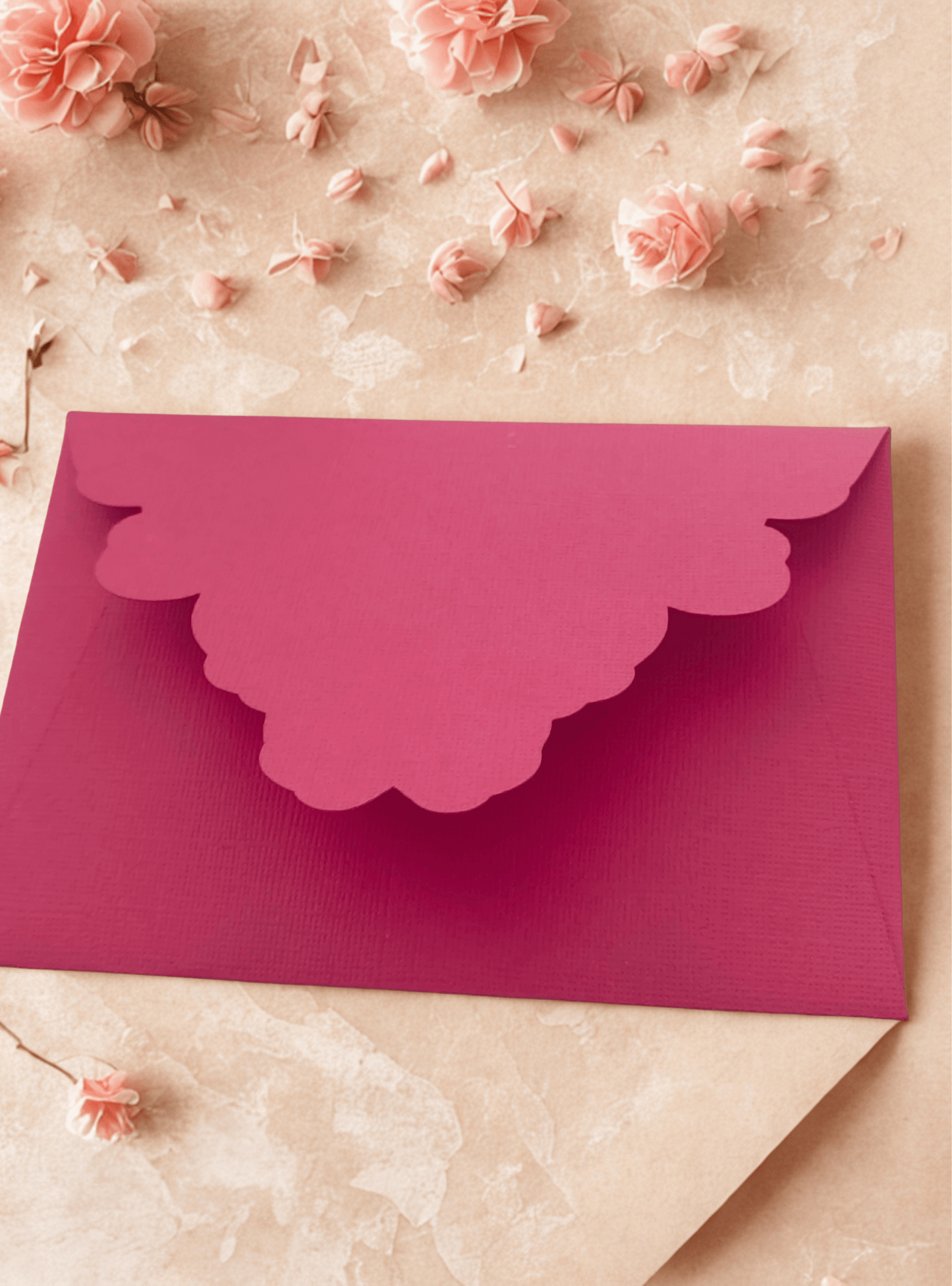 Elegant deep pink scalloped envelope perfect for Diwali gifting, adorned with delicate flowers on a textured background.