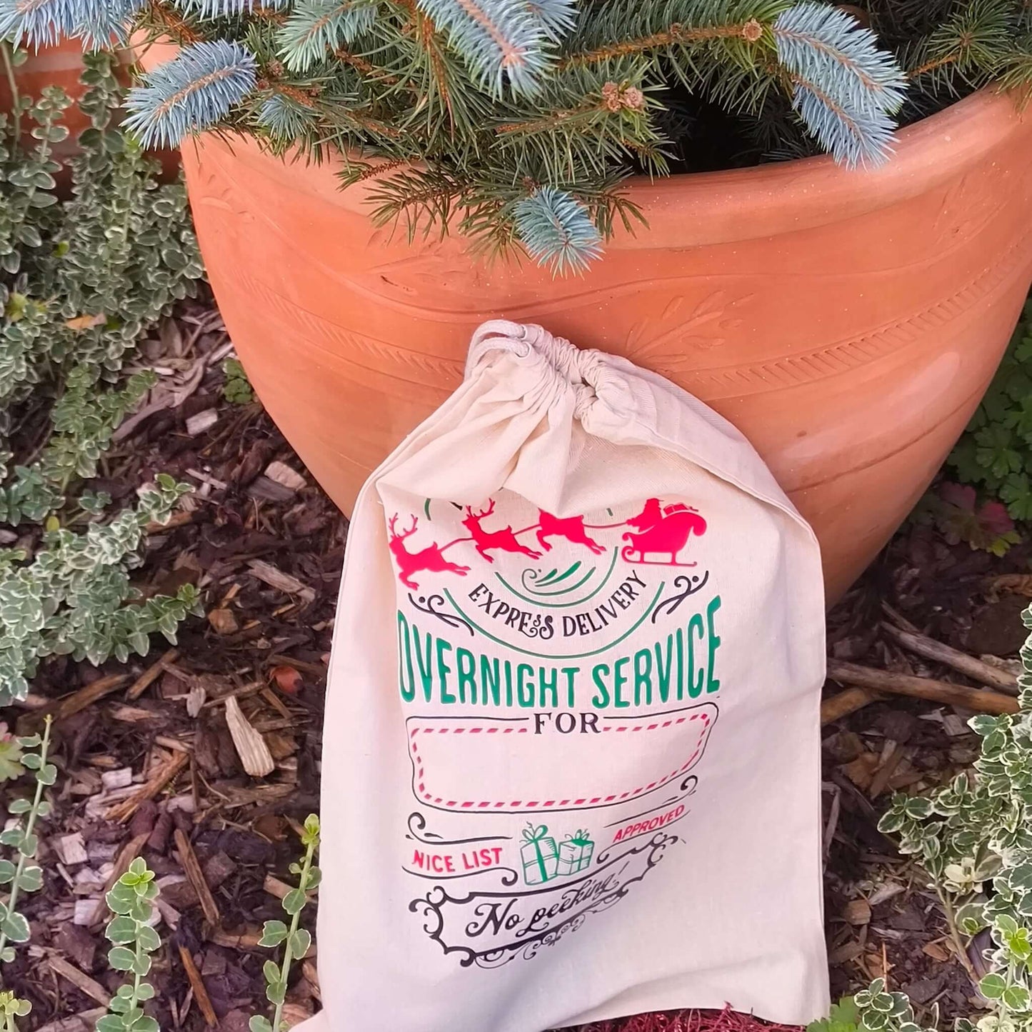 Drawstring Santa sack with express delivery design in red and green under Christmas tree