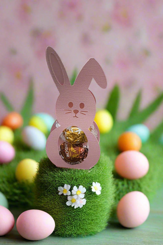 Cute Easter Bunny chocolate holder filled with Lindor chocolates, surrounded by colourful Easter eggs and grass display.
