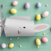 Handmade Easter Bunny cracker with white cardstock, silver ribbon ties, and vinyl bunny face, surrounded by pastel Easter eggs
