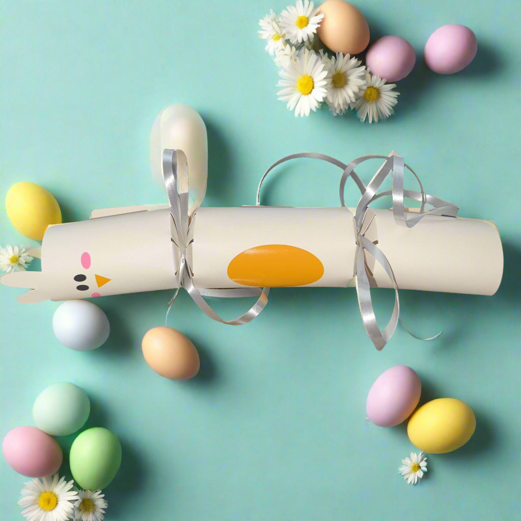 Handmade Easter cracker shaped like a chick, with cream cardstock, orange oval detail, and silver curling ribbon. Shown with pastel eggs and daisies for scale.