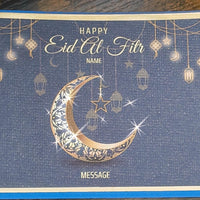 Personalised Eid al-Fitr card with gold crescent moon and lanterns on a navy background, space for custom name and message.