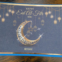 Elegant navy and gold Eid al-Fitr greeting card featuring crescent moon, lanterns, and editable name and message sections.