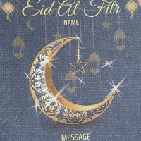 Close-up of personalised Eid al-Fitr card design with gold crescent moon, star, and lanterns on navy textured background.