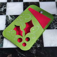 Holly gift card holder in green and red, featuring festive holly design, perfect for Christmas money envelope.