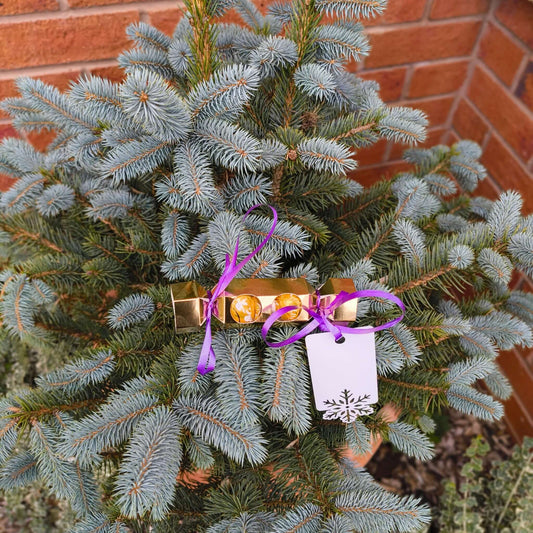 Personalised chocolate cracker gift decorated with ribbons on a festive pine tree.