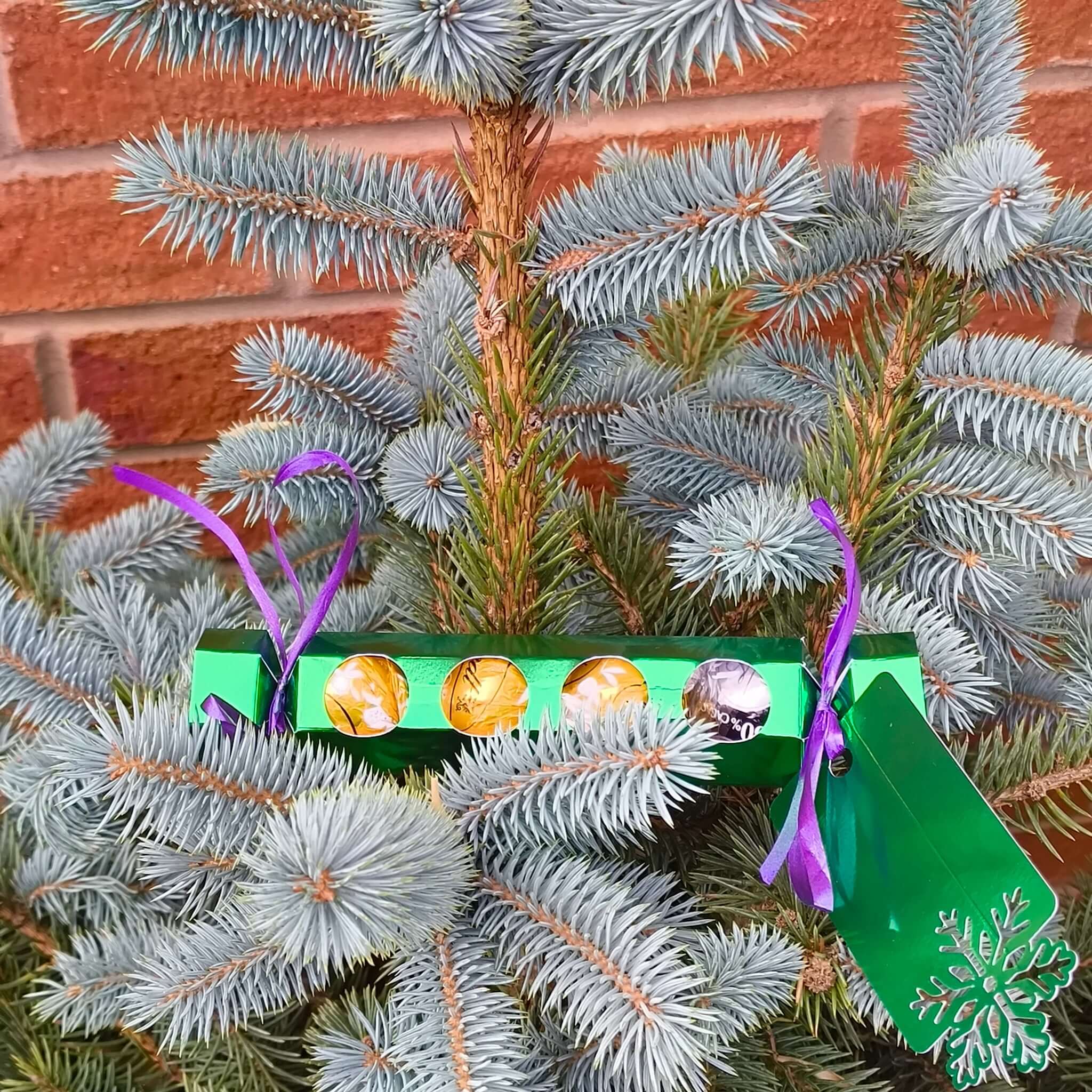 Personalised chocolate cracker gift decorated with colourful treats hanging from a Christmas tree.