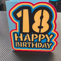 18th birthday card with bold layered design, featuring bright colors and playful text saying 'Happy Birthday'.