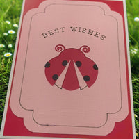 Handmade "Best Wishes" greeting card featuring a layered pink and red design with a cute ladybird illustration and elegant black text, perfect for birthdays, congratulations or general well wishes.