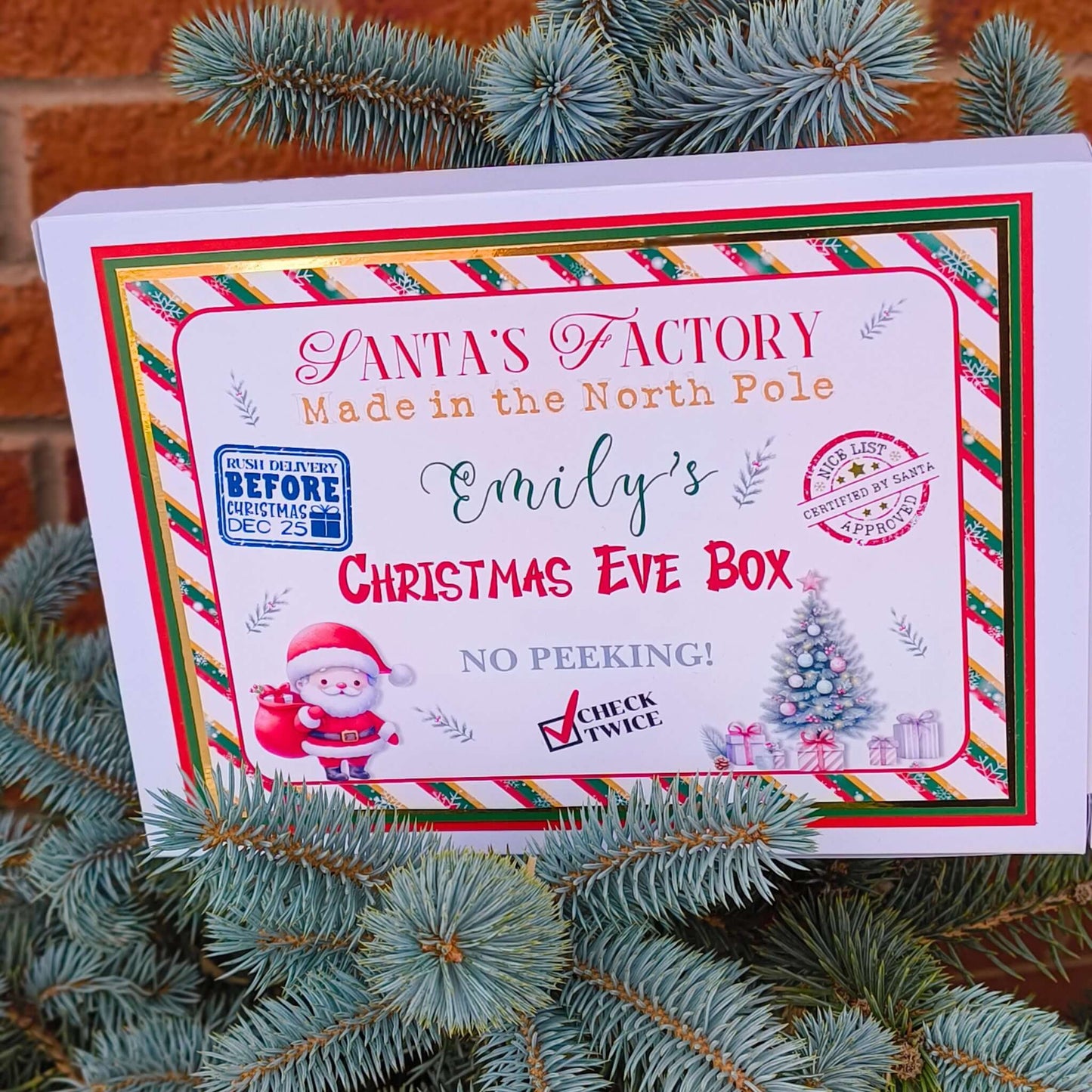 Personalised Christmas Eve box design featuring festive Santa graphic, child's name, and holiday decorations.
