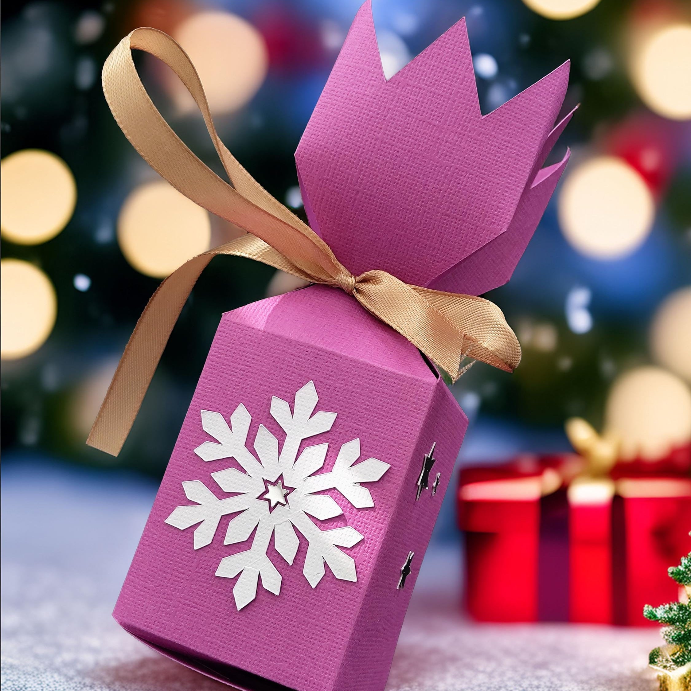 Handmade pink Christmas cracker box with snowflake design and gold ribbon, perfect for festive celebrations.