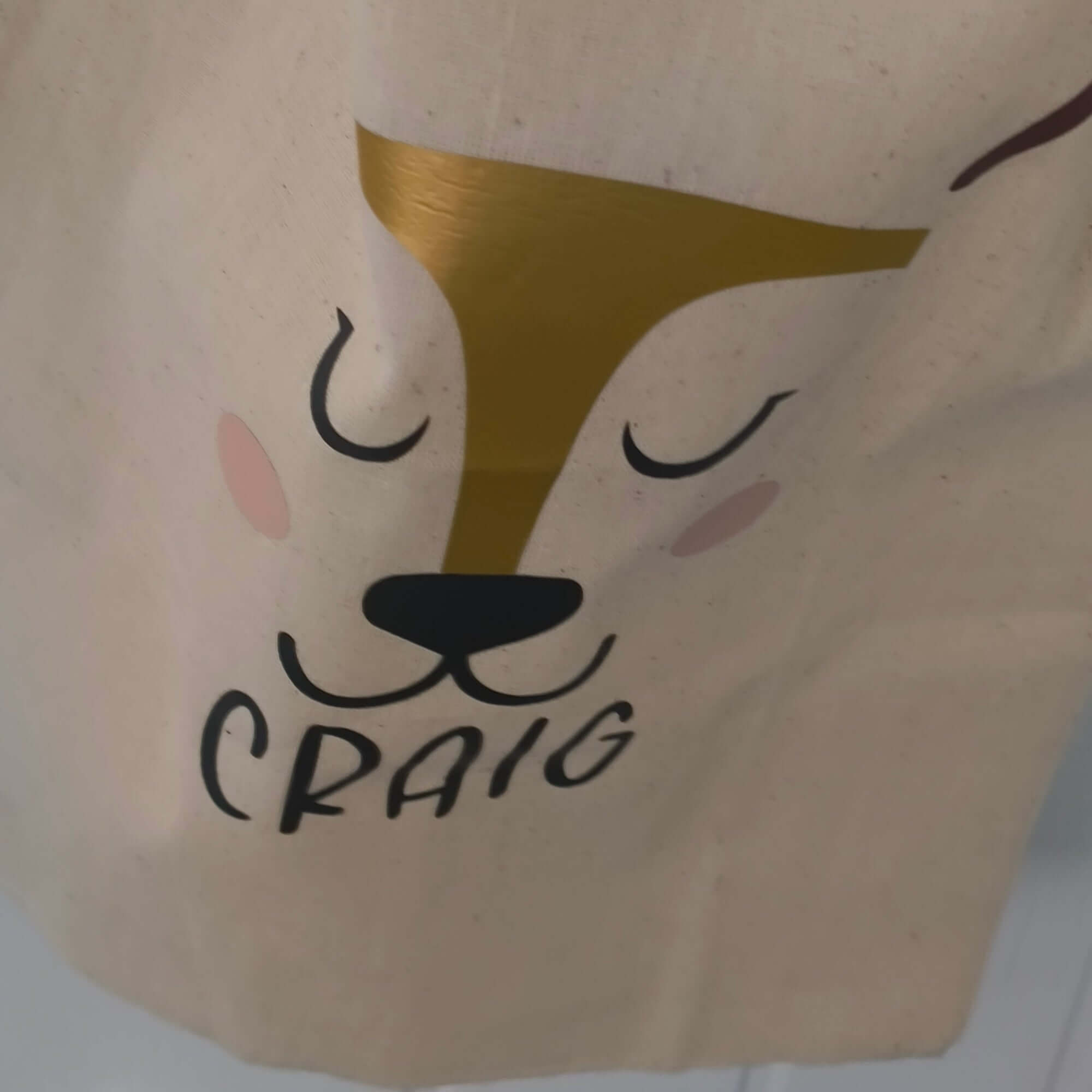 Personalised reindeer gift sack featuring gold foil design and the name 'Craig', perfect for Christmas gifts.