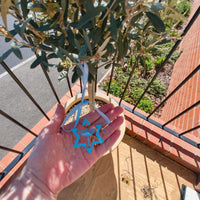 Person holding clear Hanukkah ornament with menorah and Star of David next to other acrylic decorations.