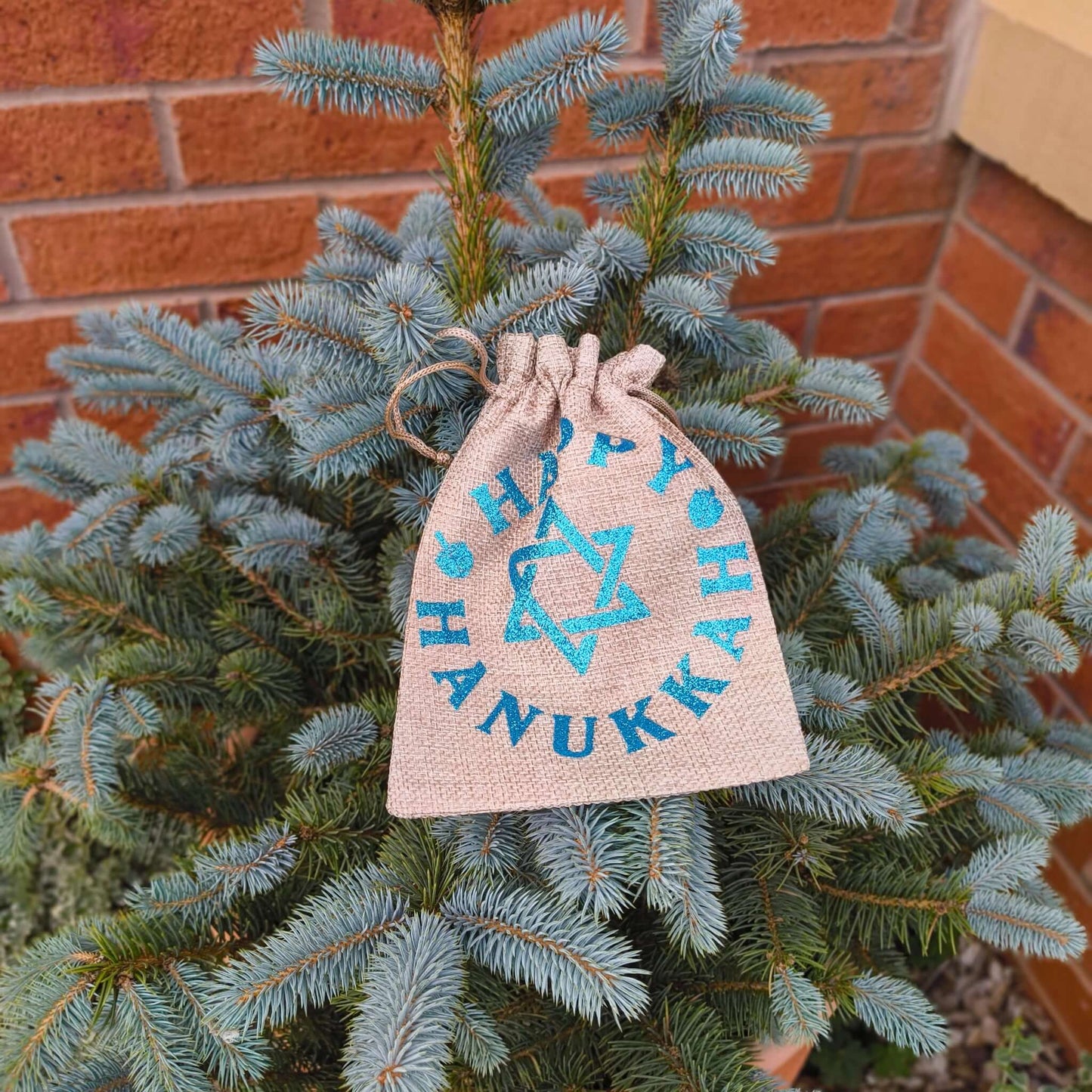 Hanukkah drawstring bag with Star of David design hanging on a tree.