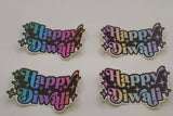 Four “Happy Diwali” stickers in mixed rainbow and pastel colourways laid out neatly on a white background.