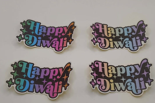 Four “Happy Diwali” stickers in mixed rainbow and pastel colourways laid out neatly on a white background.