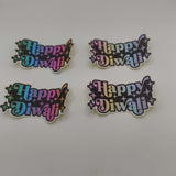 Set of four colourful “Happy Diwali” stickers in rainbow gradient designs with star accents displayed on a white background.