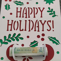 Handmade Happy Holidays money gift card holder with rolled banknote.