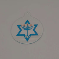 Jewish holiday acrylic hanging decoration featuring menorah inside Star of David.