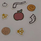 Festive sticker mix for Jewish New Year, including apple, bee, honey dipper, shofar, and sweet pastry designs.