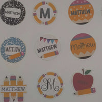 Personalised school name stickers featuring playful designs and the name Matthew in various styles.