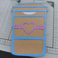 Kraft coffee cup gift card holder with blue frame and pink heart strap, handmade personalised money or voucher holder.