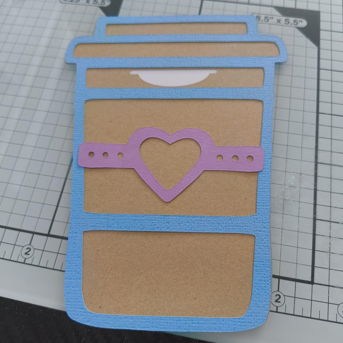 Kraft coffee cup gift card holder with blue frame and pink heart strap, handmade personalised money or voucher holder.