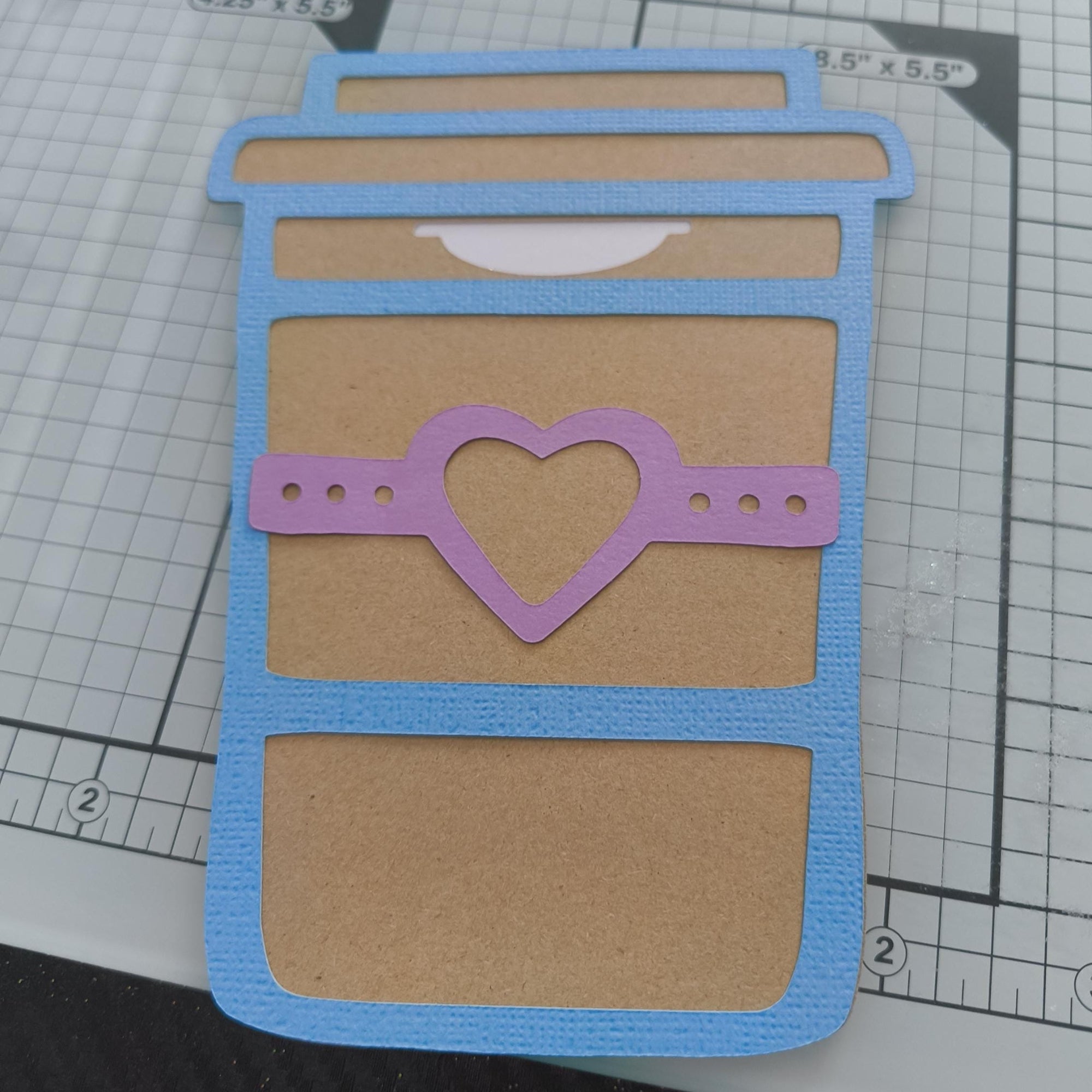 Kraft coffee cup gift card holder with blue frame and pink heart strap, handmade personalised money or voucher holder.